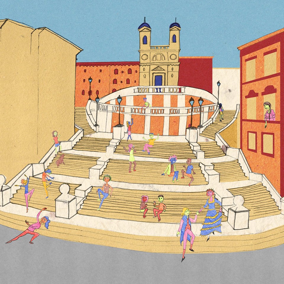ilustração de uma escadaria de roma onde pessoas brincam e se divertem 